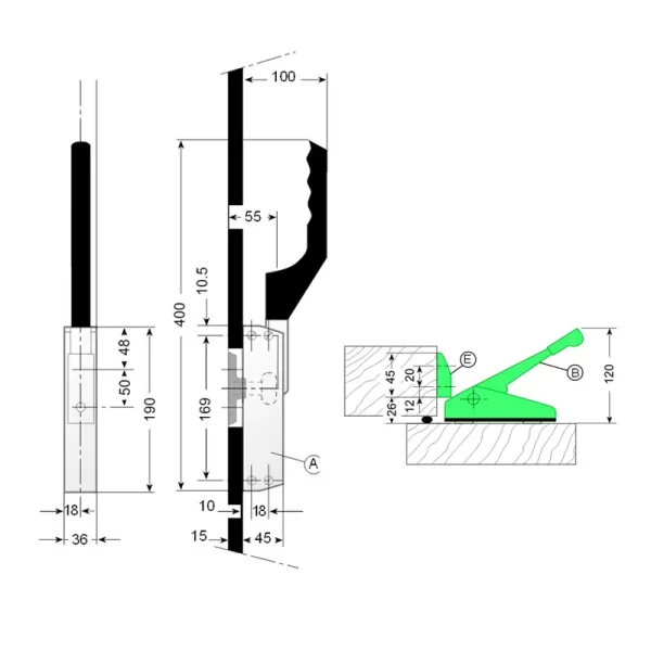 FI0 0161-FI0 0162 Conjunto de cierre con palanca de puerta frigorífica pivotante industrial G-200P 3