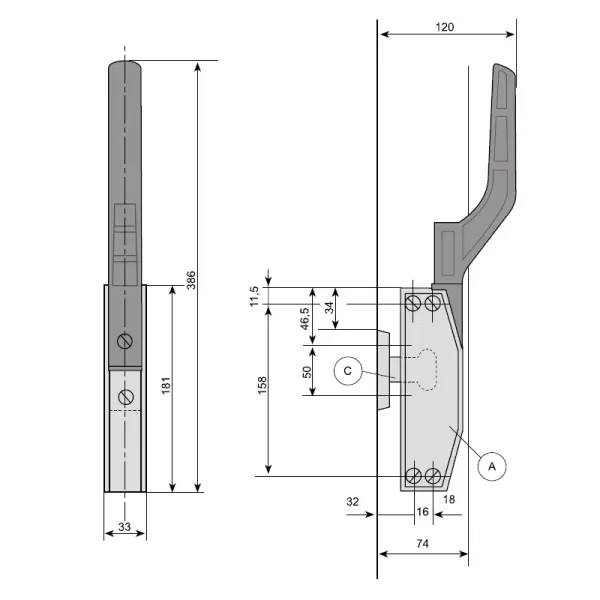 FI0 3047 Medidas Conjunto Cierre Automático de palanca para puerta frigorífica industrial G-1825 2