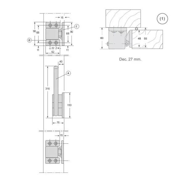 FI0 3380 Conjunto cierre automático de palanca para puerta frigorífica industrial pivotante 76-P - Izquierda-27mm 2