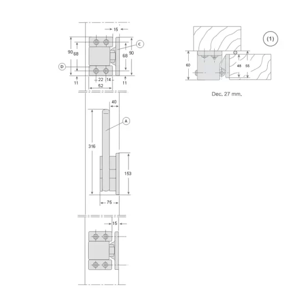 FI0 3385 Conjunto Cierre Automático de palanca para puerta frigorífica industrial 76 - Izquierda-27mm 3